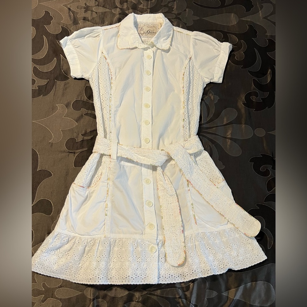 2000s Guess White Eyelet Cotton Casual ButtonUp Collar Dress Tie Belt Pockets 11